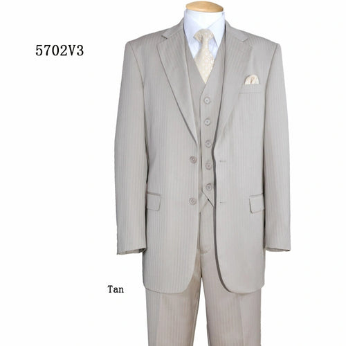 Men’s Tan Pinstripe Three Piece Suit – Classic Fit Pleated Pants Tan Sand Beige Wedding, Church Shadow Ton on Tone Business Suit for Men