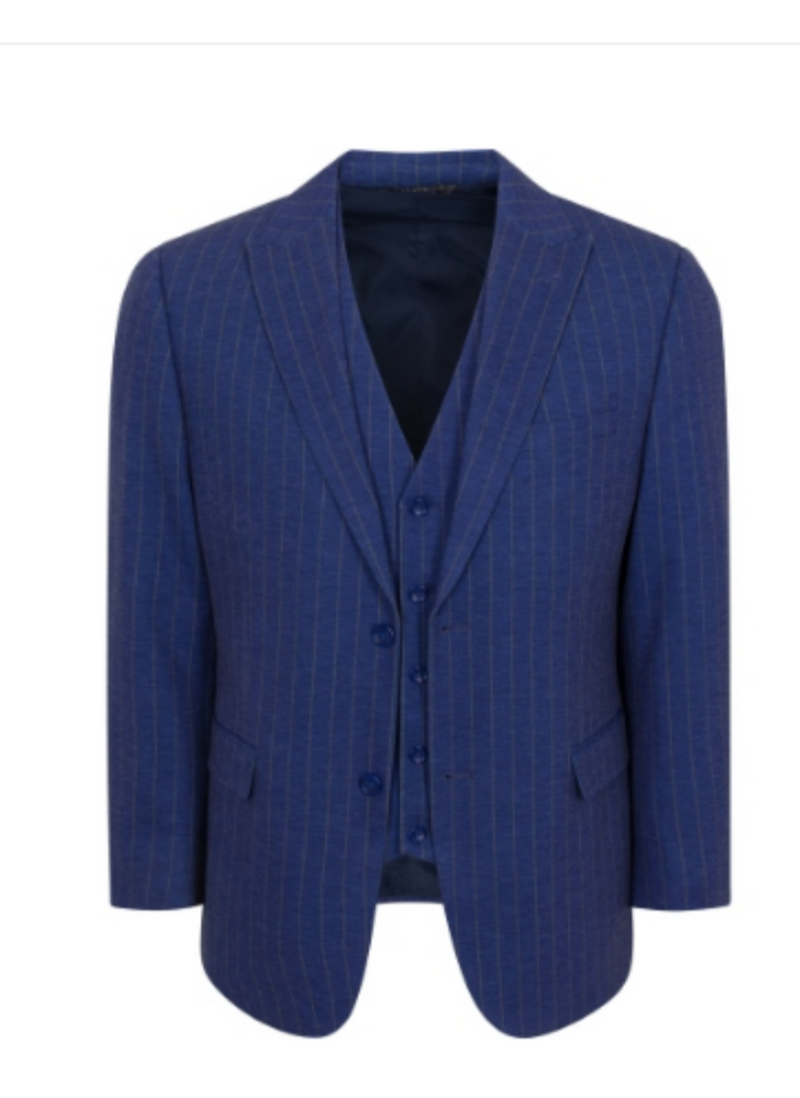 Men’s Cobalt Blue 3 Piece Suit – Indigo Light Blue Pinstripe Formal Suit with Vest for Wedding, Business Modern Fit Two buttons
