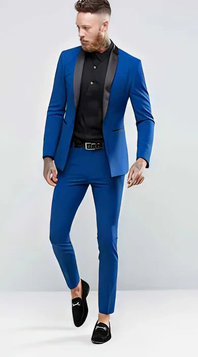 Men’s Royal Blue 3 Piece Suit with Black Lapel – Modern Formal Suit for Wedding, Prom and Party Wear