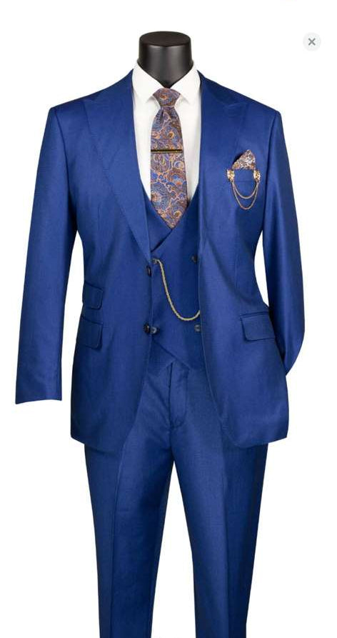 Royal blue 3-piece men's suit set. Includes a single-breasted jacket, vest, and trousers. Features a smooth fabric, solid color, and comes with a patterned tie and pocket square.