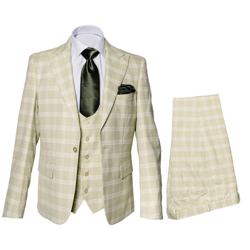 Light beige check 3-piece suit. Blazer: notched lapel, two pockets. Vest: five buttons. Trousers: straight leg, cuffed. Includes dark green tie and patterned pocket square.
