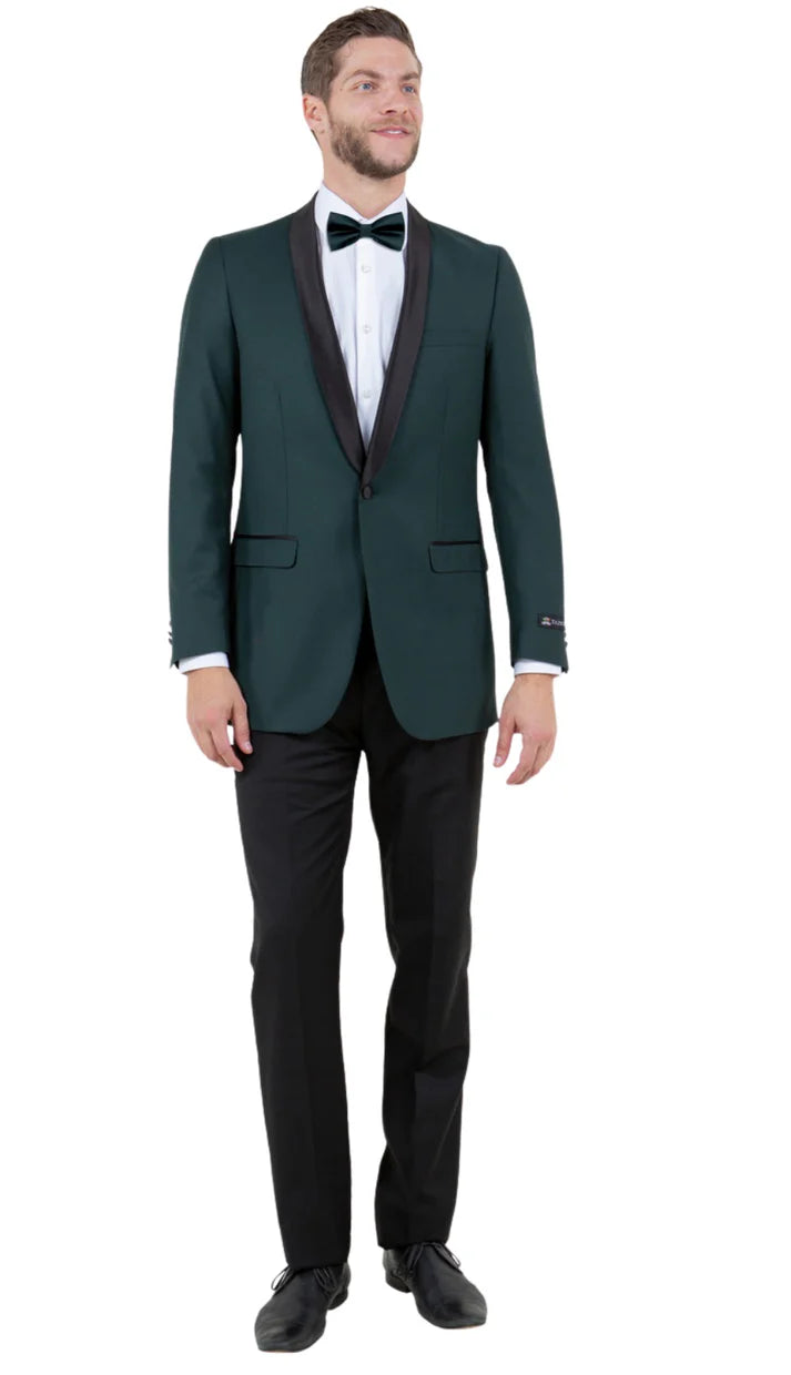 Alberto Nardoni men's green tuxedo: fitted, single-breasted jacket with black peaked lapel & flaps. Black tailored, straight-leg trousers. White shirt & black bow tie. Green/black/white color scheme.