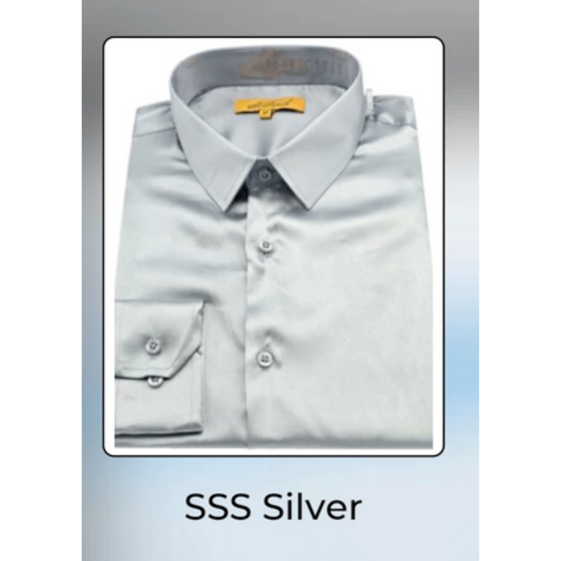 Men's silver satin dress shirt. Pointed collar, long sleeves, button cuffs, and a button-down front. Smooth, glossy fabric finish.