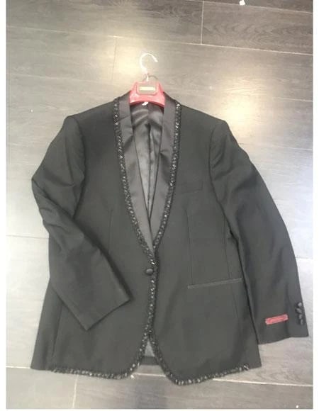 Classic black men's designer blazer with beaded lapel, single-button closure, and front pockets. Smooth fabric, likely wool or blend, with a satin lapel finish. Features hanging loop.