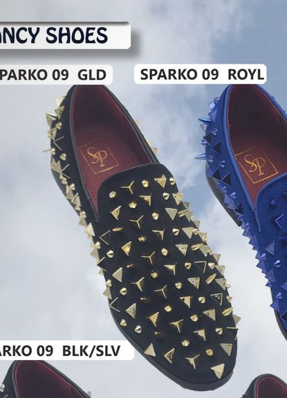 Men's studded velvet loafers: Black base with gold spikes, royal blue with blue spikes. Low-profile, slip-on design.