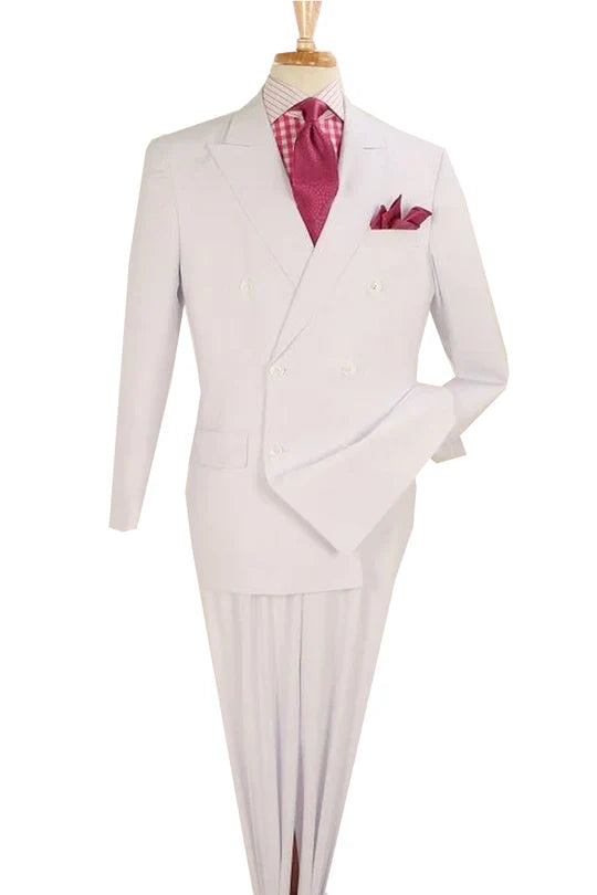 Men's white double-breasted 3-piece suit with a tailored jacket, flat-front trousers, and vest. Crisp fabric. Features a notched lapel and two rows of buttons. Includes pink tie, pocket square, and checkered shirt for contrast.