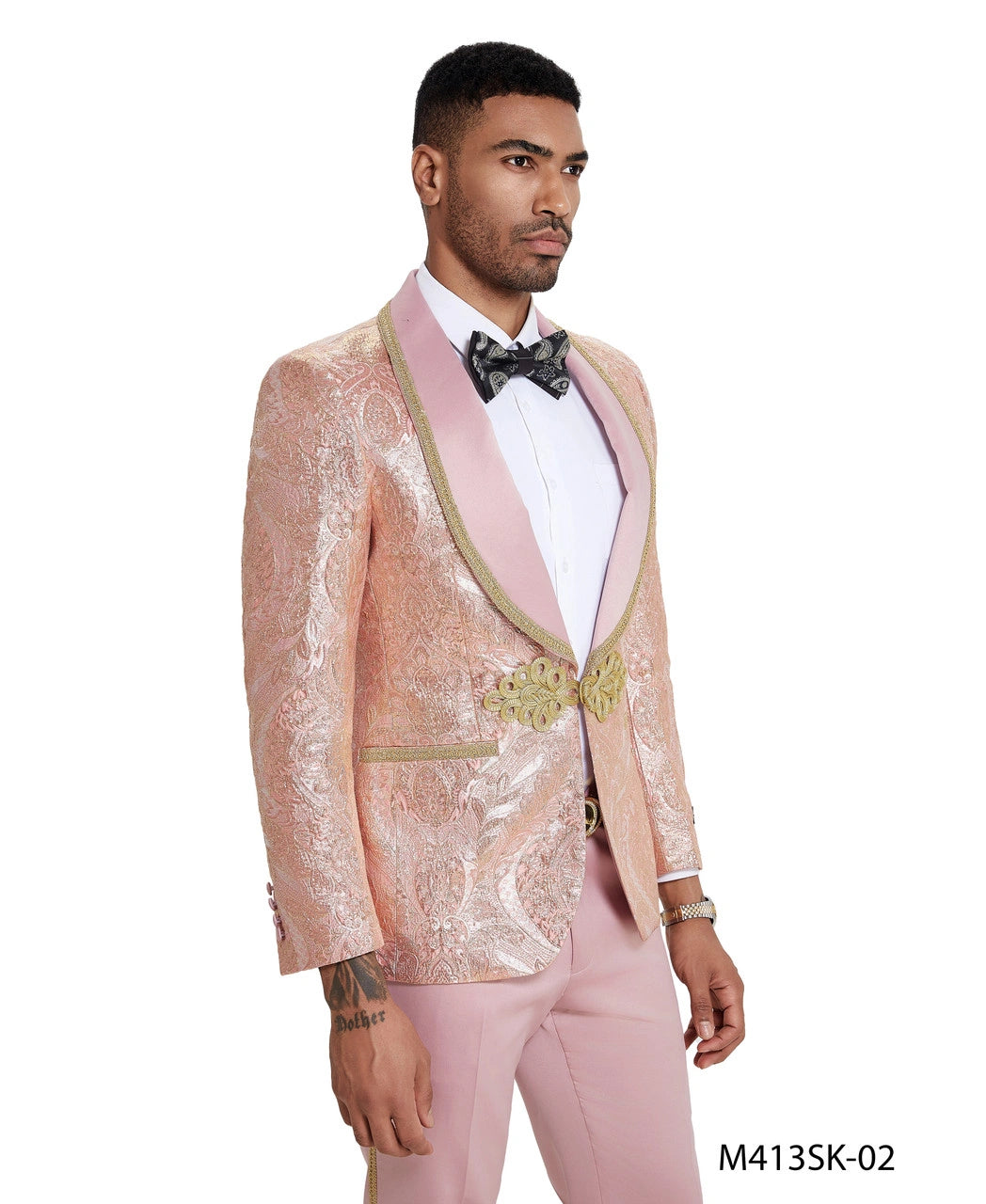 Men’s Rose Gold Pink Prom Tuxedo Suit – Slim Fit Paisley Pattern Formal Tuxedo Suit for Prom, Wedding and Special Events