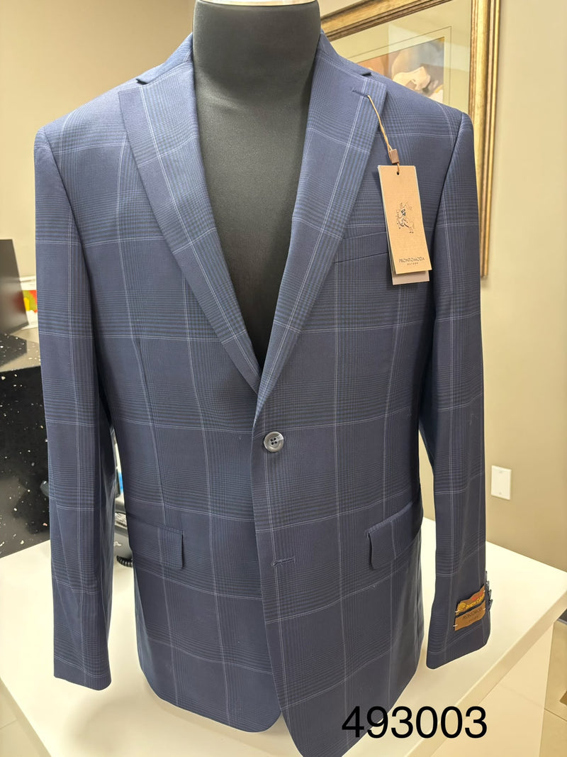 Men’s Navy Blue Plaid Wool Blazer – English Style Textured Wool Winter Sport Coat Windowpane pattern