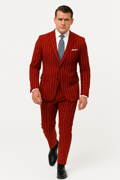 Men's red pinstripe suit: fitted blazer (2-button, notched collar), matching vest. Tailored pants with white pinstripes. Smooth, structured fabric. Formal.