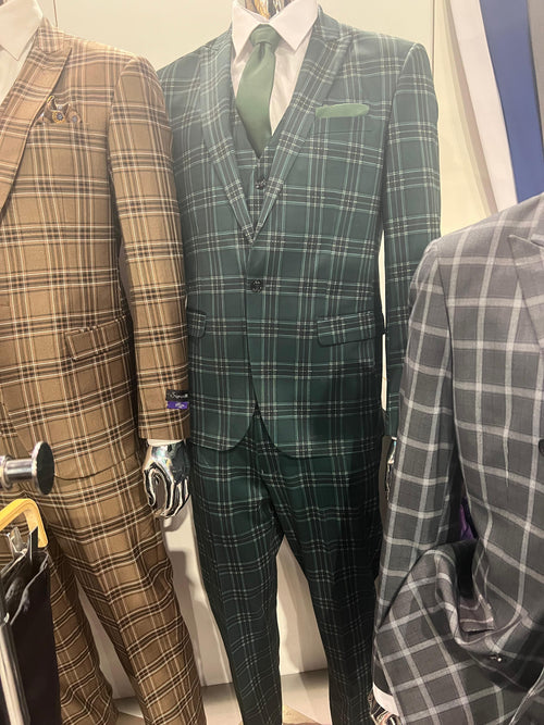 Men's Dark Green Plaid 3 Piece Suit – Checkered Suit Set for Wedding, Windowpane Tartan Fabric - Ultra Slim Fit