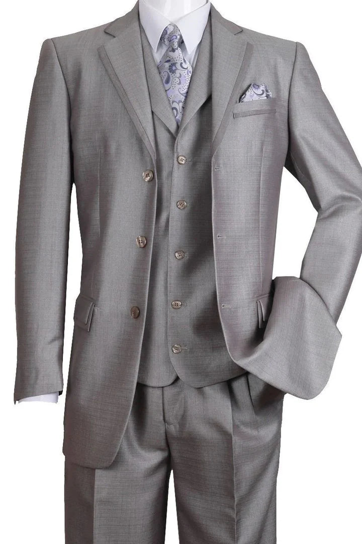 Men's light gray modern fit three-piece suit: jacket (notched lapel, pockets), vest (buttoned), and flat-front, tapered trousers. Smooth fabric, tailored fit.