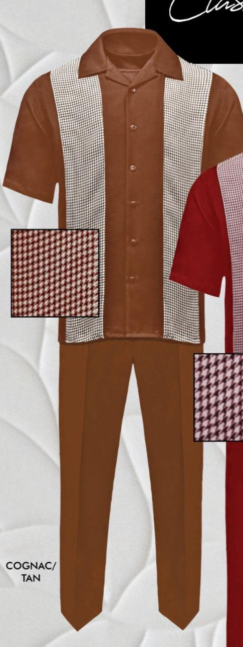 Men's cognac tan two-piece outfit: short-sleeve shirt and straight-leg pants. Shirt: solid tan with white check side accents, flat collar. Smooth fabric.