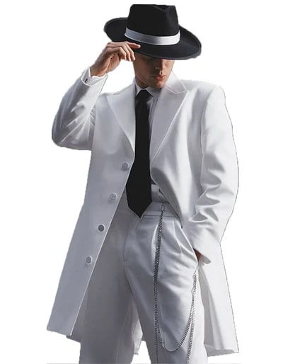 Mens White Long Zoot Style Suit | Vintage Gangster Mafia Formal Coat with Black Pants