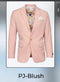 Men's blush pink slim fit blazer. Two-button closure, notch lapel. Smooth fabric, two front pockets, paisley lining. Stylish and refined.