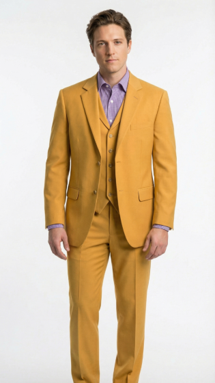 Mustard yellow three-piece men's suit: two-button jacket, vest, flat-front trousers. Modern fit, solid color, smooth texture. Jacket features notch lapel, flap pockets. Worn over light purple shirt.