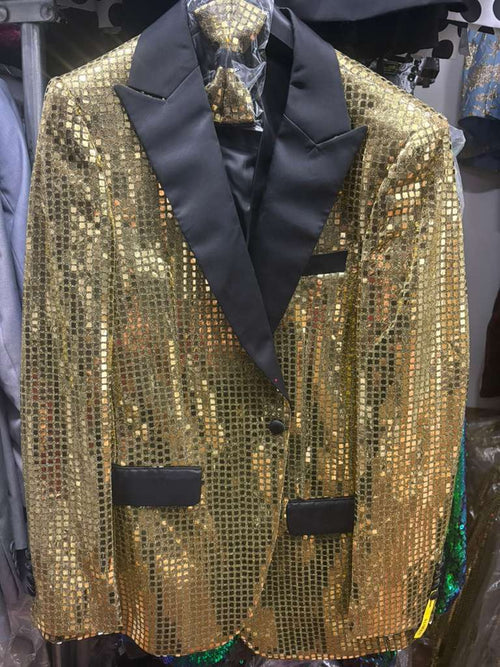 Mens Gold Sequin Blazer with Black Satin Lapel – Gold Formal Party Blazer Jacket for Prom, Wedding and Stage Events