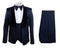 Navy jacquard tuxedo for men. Textured navy jacket with black velvet shawl lapel. Includes matching navy trousers, offering a complete and stylish formal look.