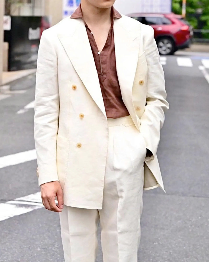 Men’s Off White 70s Style Double Breasted Suit – Vintage Retro Wide Lapel Classic Outfit for Party, Wedding and Casual Fashion Wear