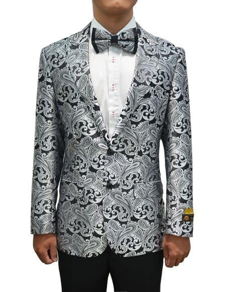 Mens Silver and Black Paisley Prom Blazer Jacket | Printed Formal Evening Tuxedo Blazer + Free Matching Bow Tie