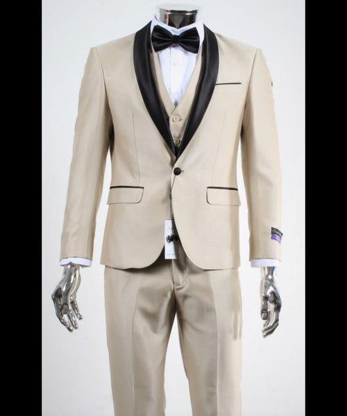 Men’s Champagne Beige Shiny Tuxedo 3 Piece Suit with Black Shawl Lapel | Formal Wedding Prom Suit Set in Sand Light Tan Color