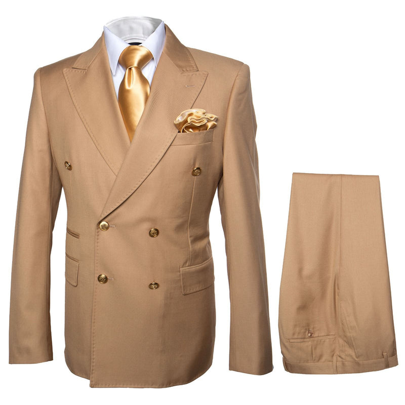 Men's camel bronze khaki double-breasted suit. Tailored jacket with defined collar, gold buttons. Matching smooth, woven trousers.