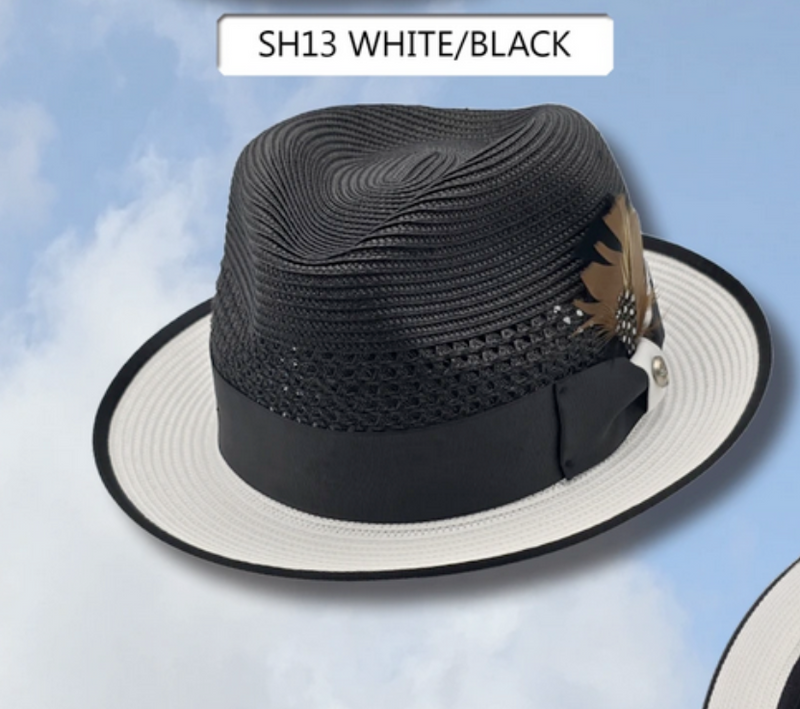 Menâs Two-Tone Black and White Fedora Hat with Feather Accent â Stylish Summer Dress Hat