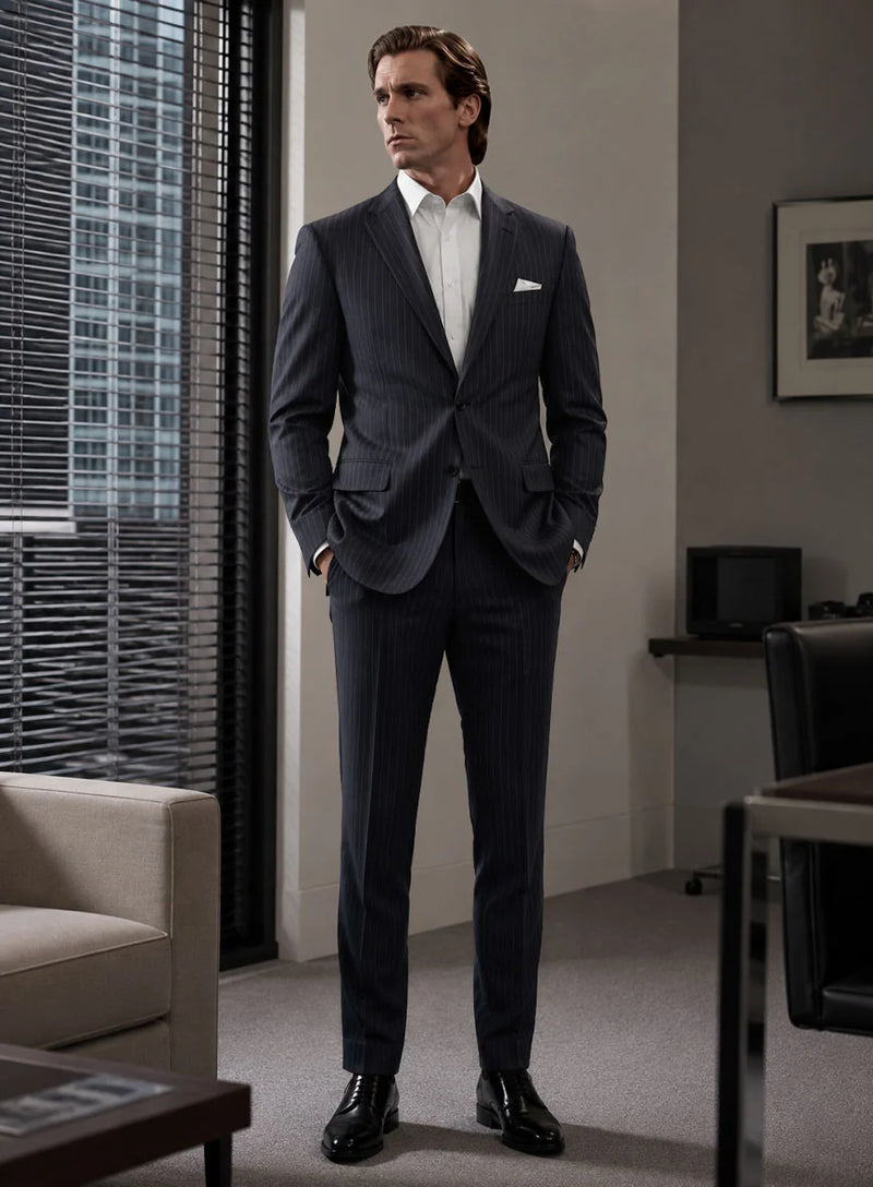 Men’s Patrick Bateman Inspired Navy Pinstripe Suit – American Psycho 1980s Business Style 2 Piece Suit