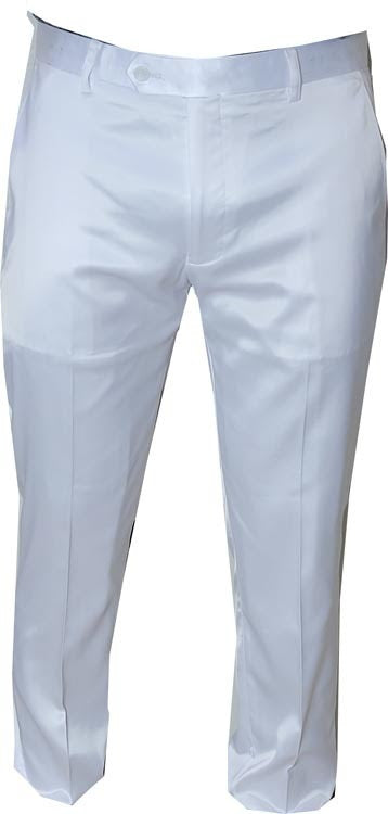 Men's slim-fit white satin dress pants. Smooth, shiny fabric with straight legs. Classic design, featuring a button closure and a minimalist aesthetic.