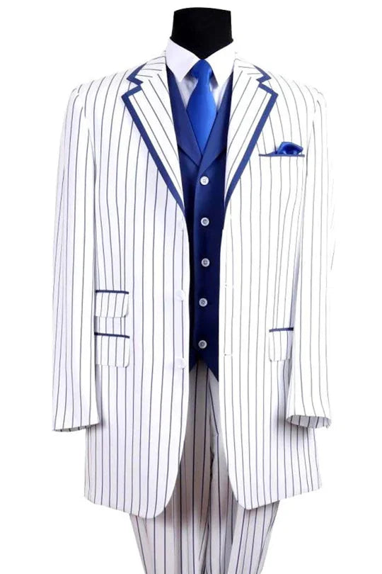 Men's 3-piece pinstripe suit in white/royal blue: classic fit blazer (peaked lapels, blue details), navy vest, tailored pants, and matching tie.