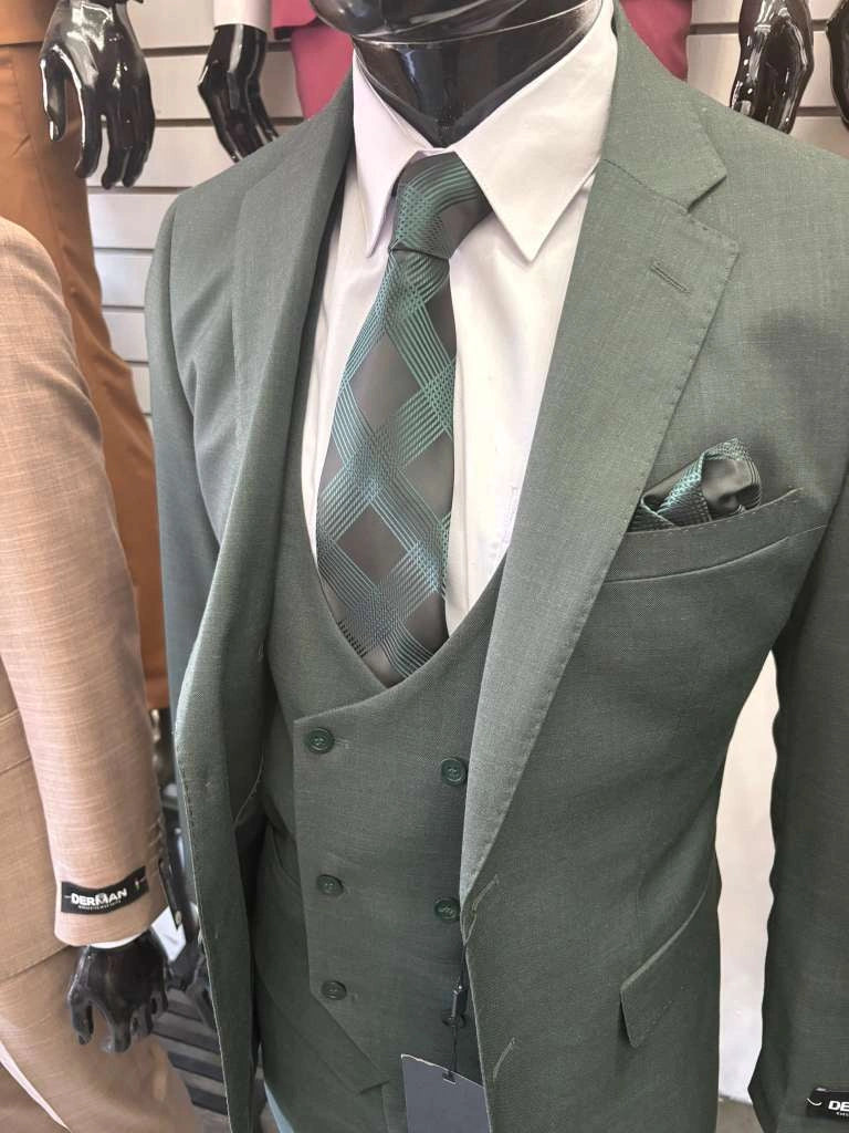 Men’s Forest Green Three Piece Suit – Double Breasted Vest Formal Wedding and Business Suit Set Olive Green Slim Fit