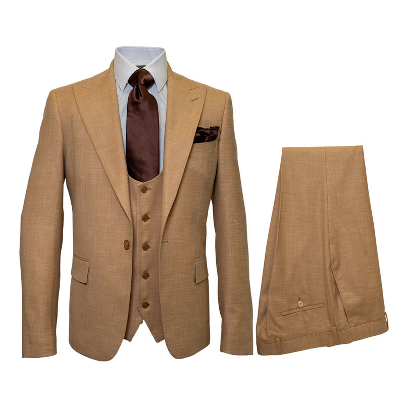 Tan men's three-piece suit. Single-breasted jacket, notched lapels, two pockets. Vest with buttons, rounded neckline. Tailored trousers, creased front. Textured, solid tan fabric.