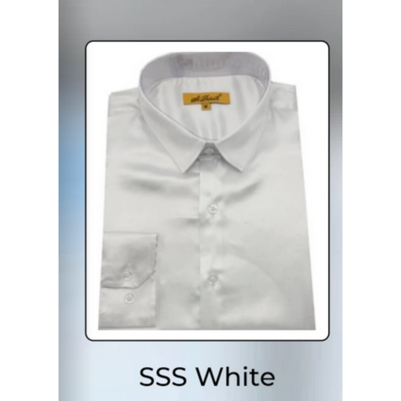 Men's white satin dress shirt. Classic long sleeves, collar, and chest pocket. Smooth, glossy finish with button closures.