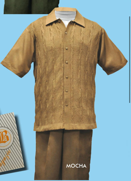 Men's mocha brown short-sleeve knit walking suit. Button-down shirt with textured, cable knit pattern and five buttons. Matching loose-fit pants. Lightweight, taupe coffee color. Ideal for casual wear.