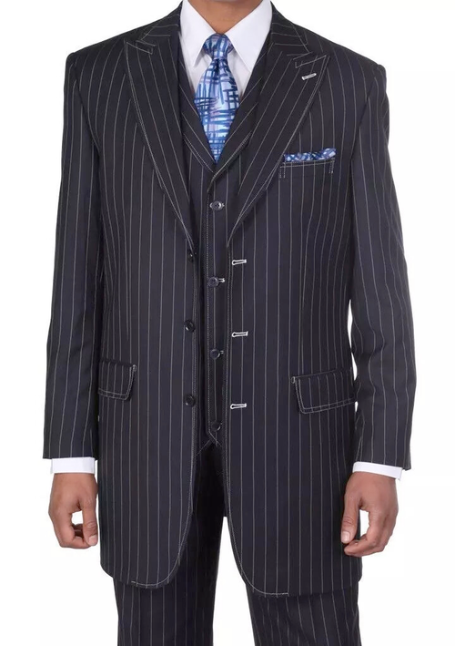Navy pinstripe suit for men. Tailored fit with three-button single-breasted jacket, vest, and flat-front trousers. Smooth fabric with vertical pinstripes.