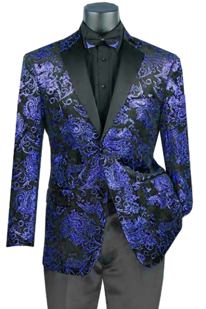 Mens Royal Blue Paisley Jacquard Blazer – Luxury Pattern Tuxedo Dinner Jacket with Black Satin Lapel for Wedding, Prom With Bowtie