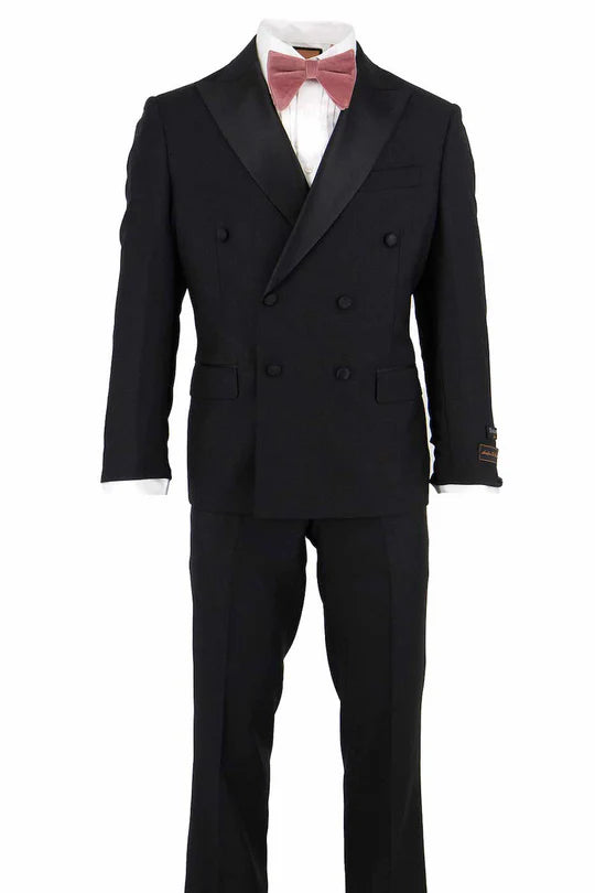Black double-breasted tuxedo in Italian wool Super 150s with satin peaked lapels. Includes matching trousers & pink bow tie. A sophisticated, formal look.