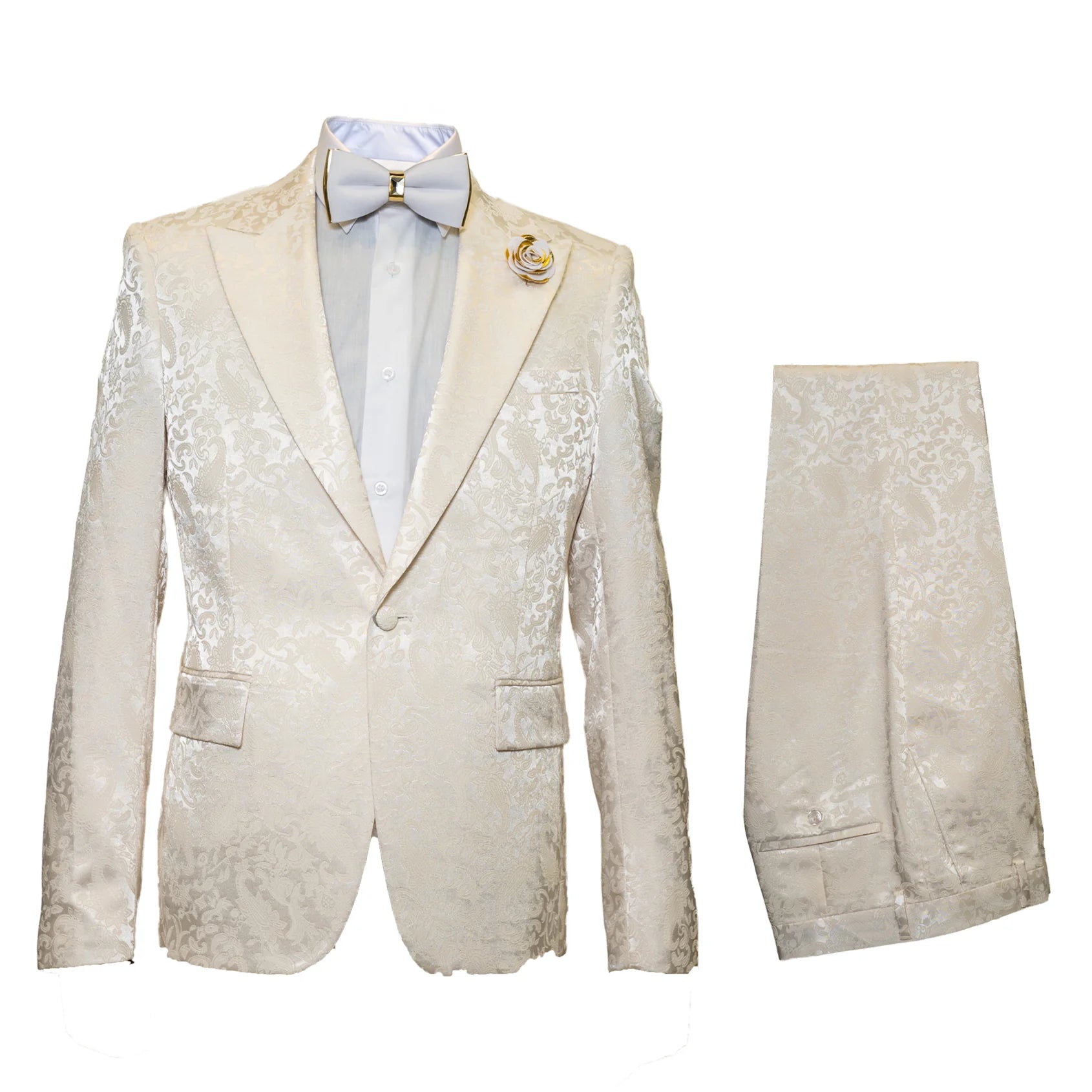 Men's ivory champagne jacquard paisley tuxedo suit with satin shawl lapel. Includes matching trousers. Patterned, traditional collar.