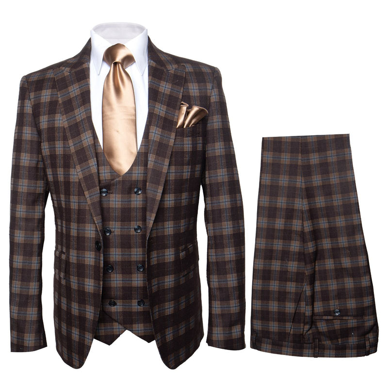Men’s Brown Plaid Windowpane Three-Piece Suit Set – Classic Slim Fit Jacket, Double-Breasted Vest and Modern Fit Pants By Rossiman