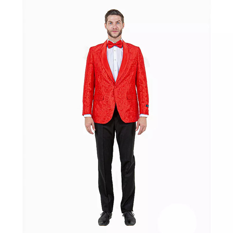 Red paisley tuxedo jacket for big & tall men. Satin shawl lapel, textured paisley design. Includes a matching red bow tie for a complete, stylish look.
