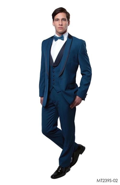 Men's teal blue 3-piece tuxedo. Single-breasted jacket with satin lapels, matching waistcoat & tailored trousers. Smooth, structured fabric creates a sleek silhouette.