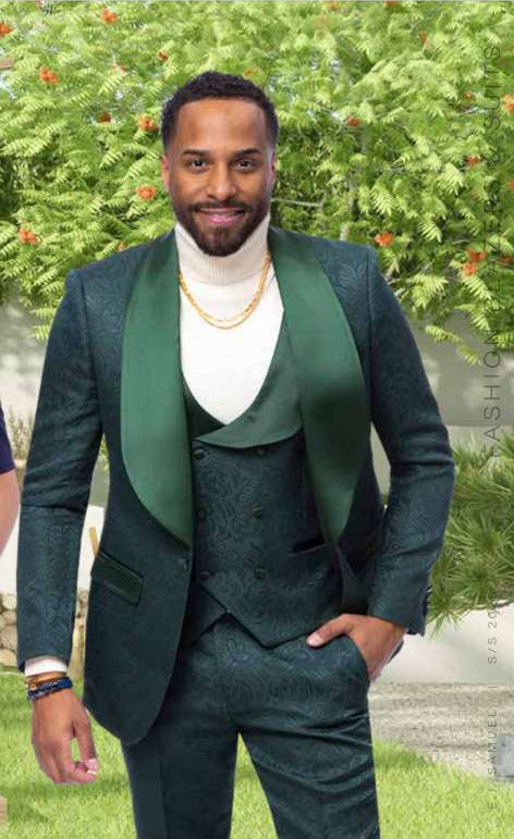 Mens Hunter Green Wedding Tuxedo Suit – Paisley Pattern Three Piece Formal Suit Set with Shawl Lapel for Groom, Prom in Emerald green
