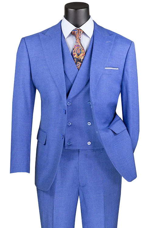 Light blue men's 3-piece suit. Double-breasted blazer with peak lapels, buttoned waistcoat, and tailored trousers. Smooth, solid light blue fabric.