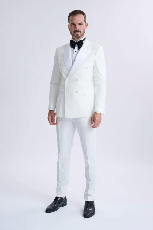 Men’s White Double Breasted Dinner Jacket Blazer with Black Pants – Formal Tuxedo Style Outfit for Weddings