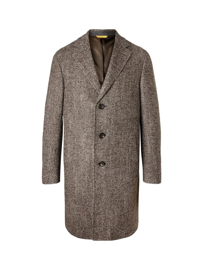 Men's black & grey herringbone tweed overcoat. Wool blend. Long silhouette with notched collar, 3 buttons, and 2 side pockets.
