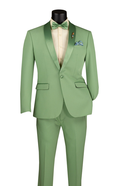 Mint green men's 2-piece tuxedo suit. Single-breasted jacket with satin peak lapel, front pockets, and a decorative pocket square. Matching trousers. Smooth, soft fabric. Perfect for formal events.
