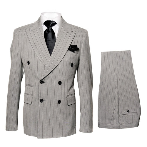 Men's grey and black pinstripe double-breasted suit. Features a tailored blazer with black buttons, notched lapels, and side pockets. Includes matching trousers.