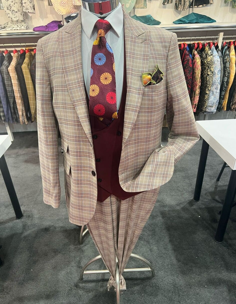 Men's Light Brown Plaid Suit with Burgundy Vest and Colorful Floral Tie Ć¢ā¬ā 3 Piece Set - Taupe Windowpane Pattern