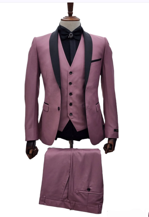 Men's Rose Pink Tuxedo Suit â Luxury Three-Piece Formal Wear with Black Satin Lapel Dusty Mauve Color
