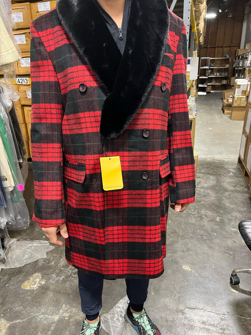 Men's red & black plaid wool overcoat with black faux fur shawl collar. Double-breasted, two front pockets. Classic, warm design.