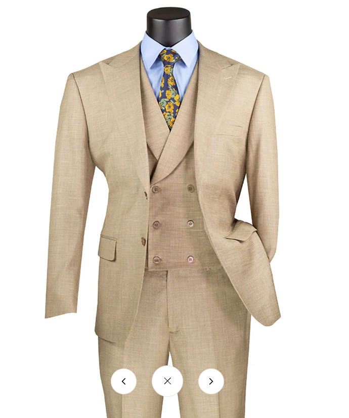 Men’s Great Gatsby Tan Summer Sharkskin 3 Piece – Double Breasted Vest Classic 1920s Groosmen Suit